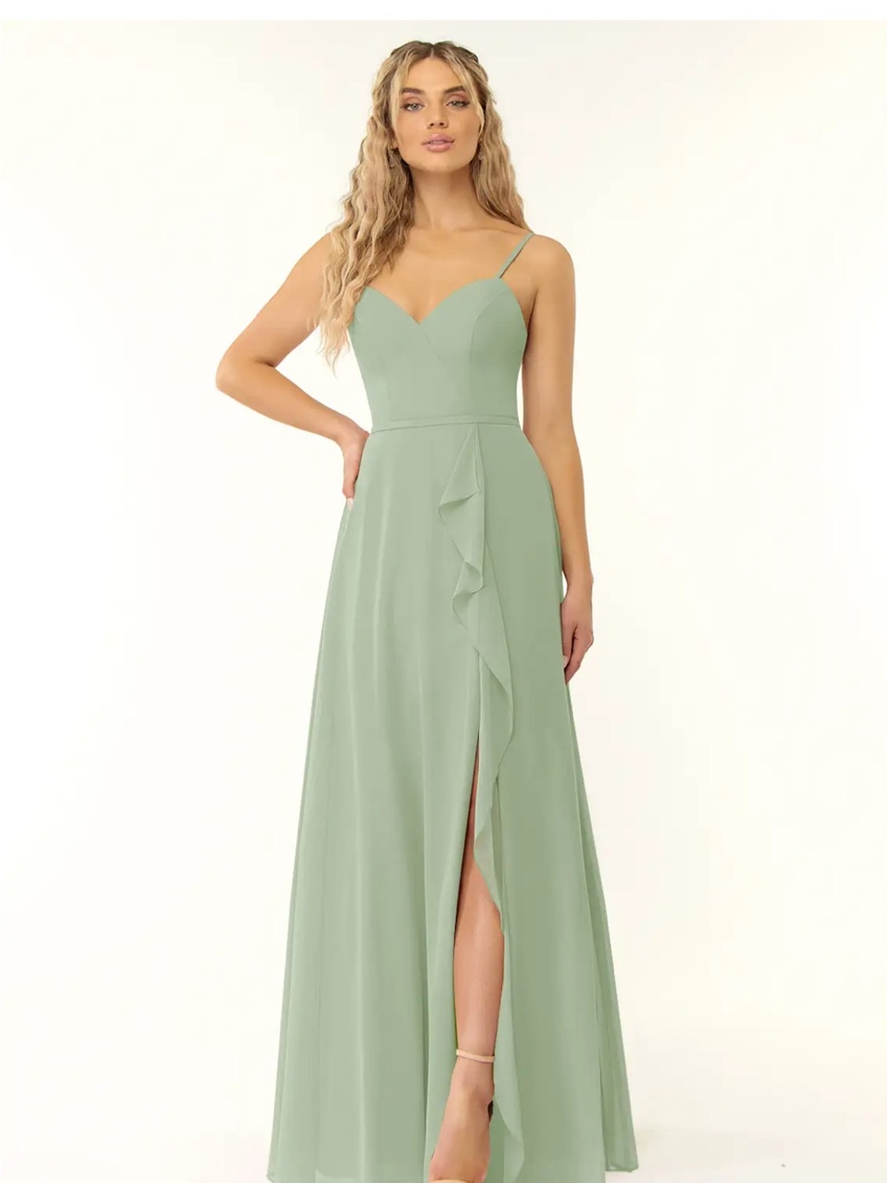 Sage Green Spaghetti-Strap Maxi Dress with Ruffle Slit